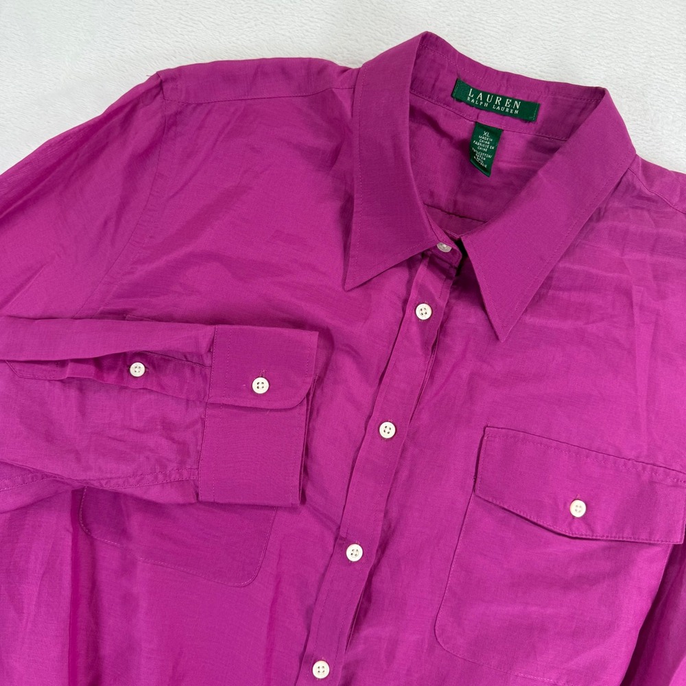 Lauren Ralph Lauren Womens XL‎ Magenta Silk Cotton Tie Front Button Down Shirt